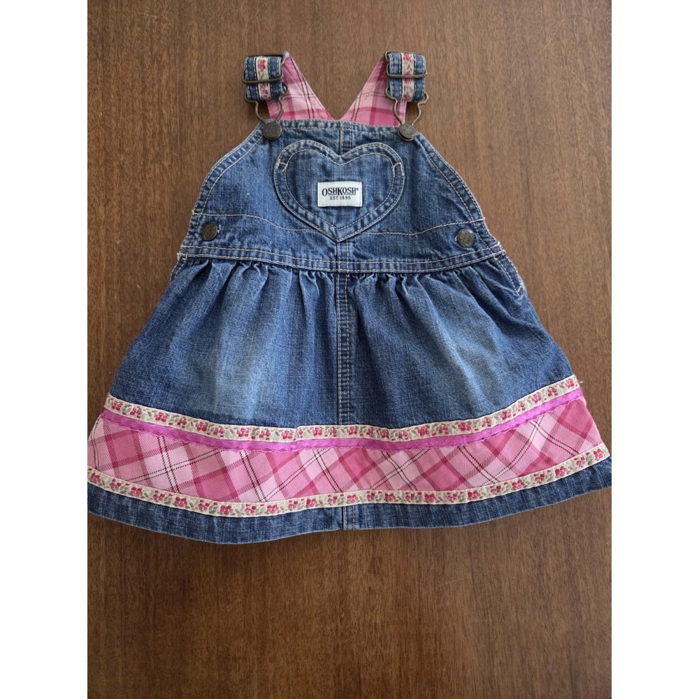 Vtg Oshkosh Denim‎ Overall Jumper Plaid Dress Girls 3-6 Mths